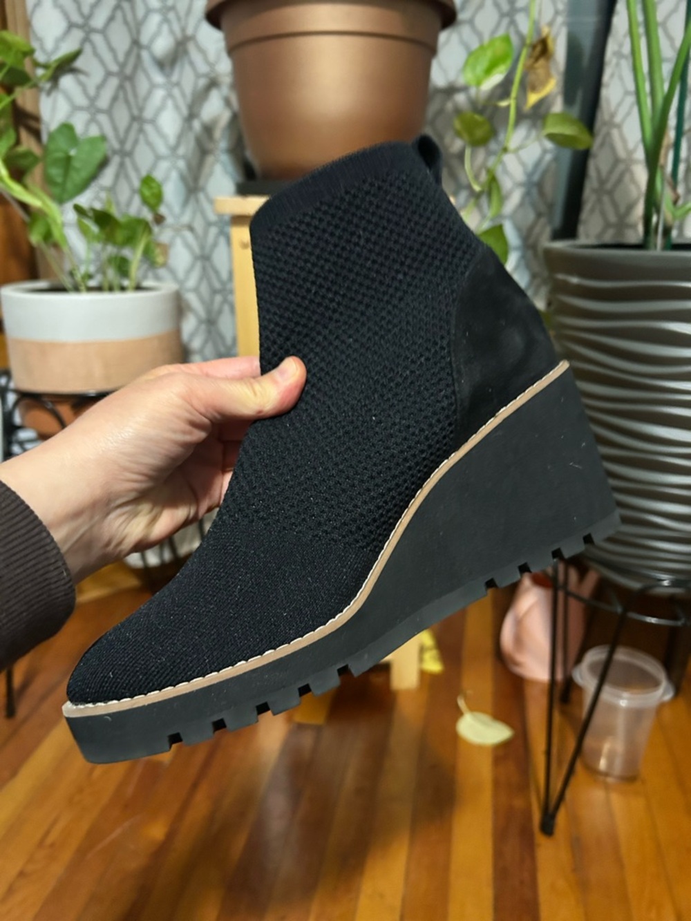 Eileen Fisher Boots Womens 8 Quill Stretch Knit Wedge Ankle Boot Black Fabric - Picture 6 of 6